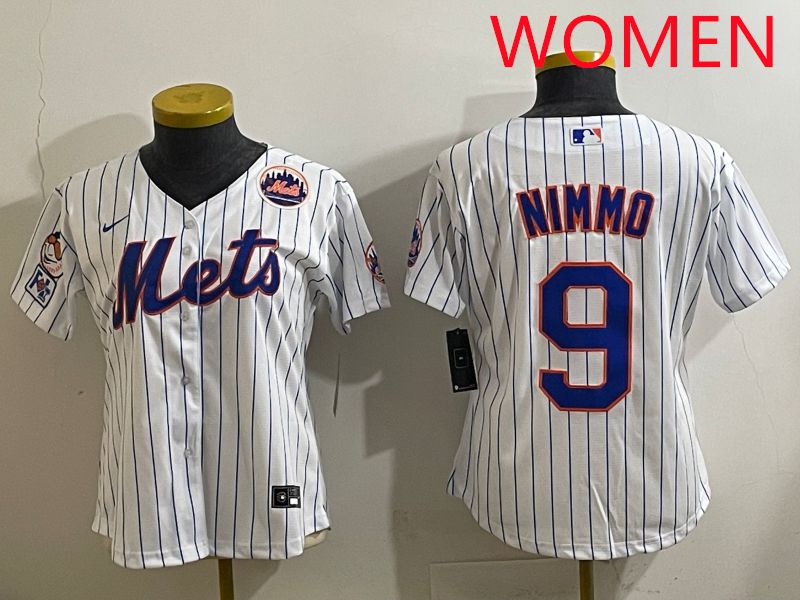 Women 2025 New York Mets #9 Nimmo White Stripe Game Nike MLB Jersey style 5->youth mlb jersey->Youth Jersey